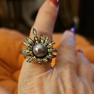 Heidi Daus Silver-Tone Sunburst Ring with Grey Pearl and Iridescent Accents